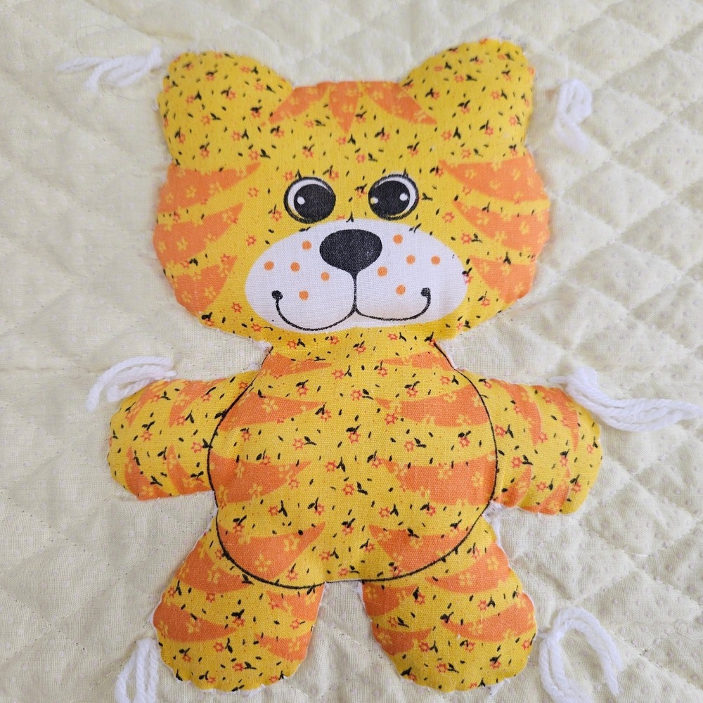 Handcrafted Quilt Blanket Kids OS Yellow Cat Lace Trim Vintage Nursery Bedding